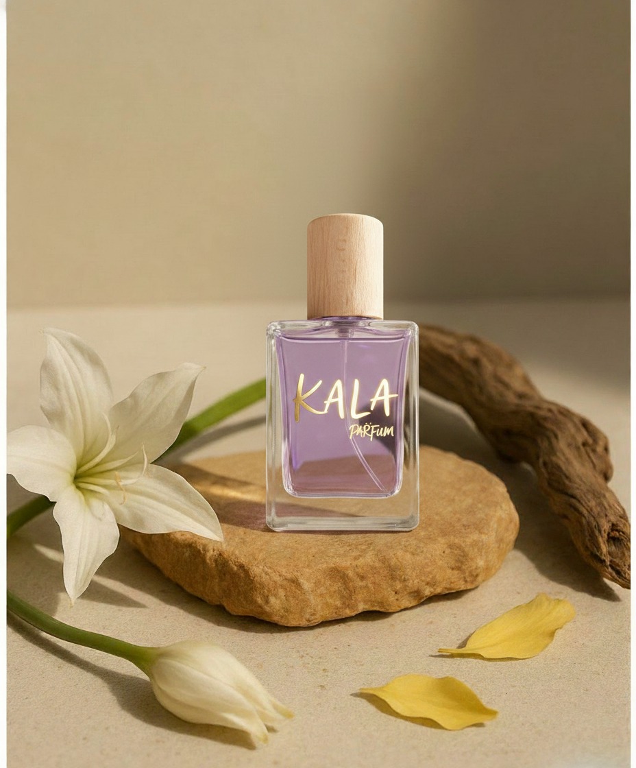 Kala Parfum – frasco lilas con flor blanca y madera